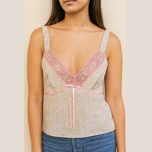 Intimates by Flora Lace Floral Print Cropped V-Neck Camisole Top Green/Pink M
